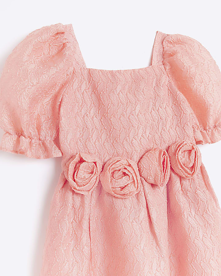 Girls Pink Textured Puff Sleeve Rose Dress