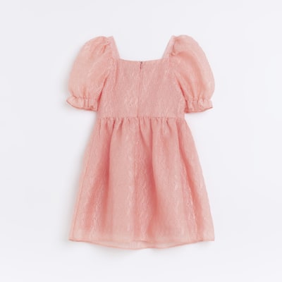 Girls Pink Textured Puff Sleeve Rose Dress