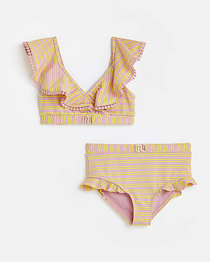Girls pink textured stripe bikini set