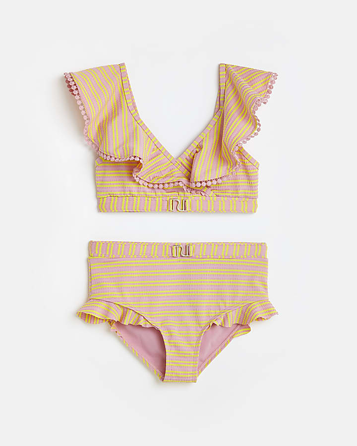 Girls pink textured stripe bikini set