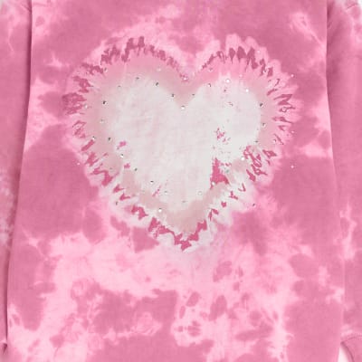 Girls pink tie dye heart hoodie | River Island