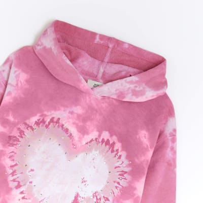 Girls pink tie dye heart hoodie | River Island