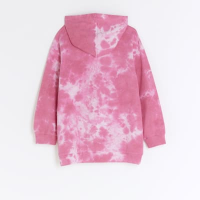 Girls pink tie dye heart hoodie | River Island