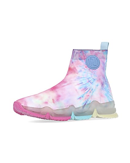 360 degree animation of product Girls pink tie dye knitted high top trainers frame-1
