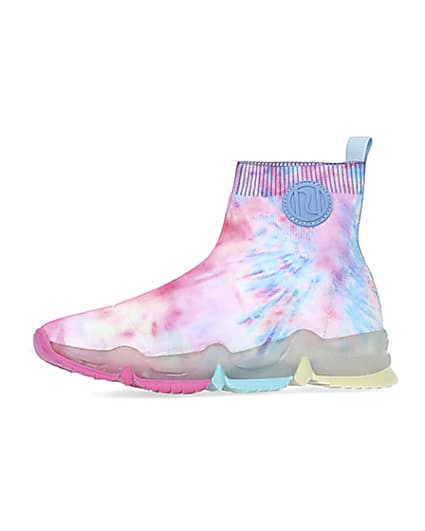 360 degree animation of product Girls pink tie dye knitted high top trainers frame-2