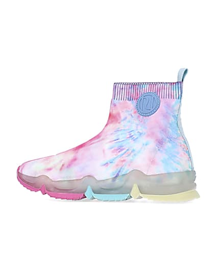 360 degree animation of product Girls pink tie dye knitted high top trainers frame-4