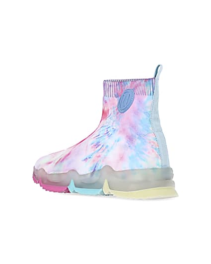 360 degree animation of product Girls pink tie dye knitted high top trainers frame-6