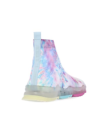 360 degree animation of product Girls pink tie dye knitted high top trainers frame-11