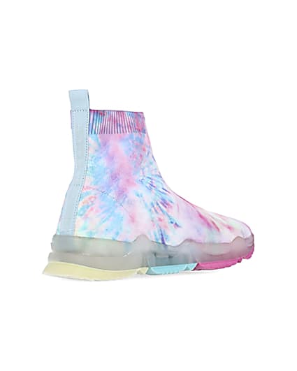 360 degree animation of product Girls pink tie dye knitted high top trainers frame-12