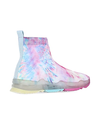 360 degree animation of product Girls pink tie dye knitted high top trainers frame-13