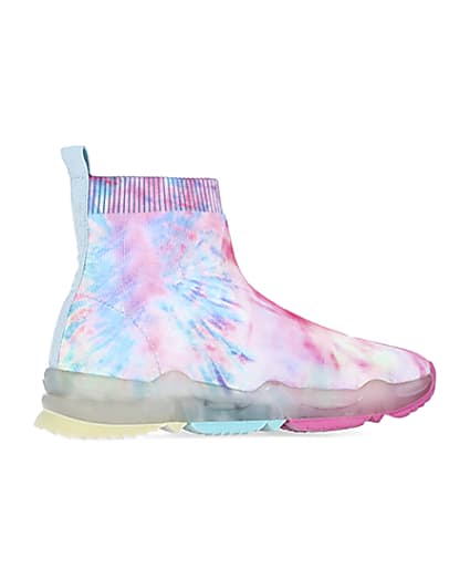 360 degree animation of product Girls pink tie dye knitted high top trainers frame-14