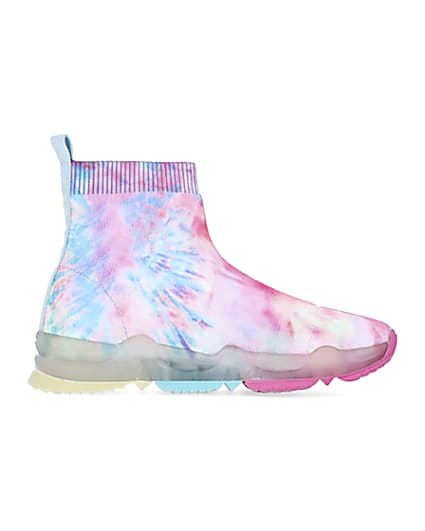 360 degree animation of product Girls pink tie dye knitted high top trainers frame-15