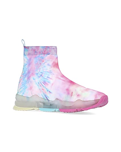 360 degree animation of product Girls pink tie dye knitted high top trainers frame-17