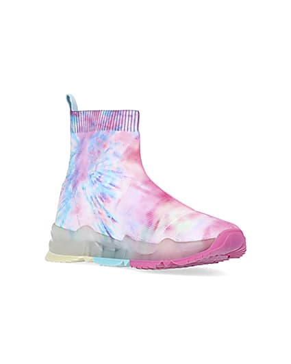 360 degree animation of product Girls pink tie dye knitted high top trainers frame-18