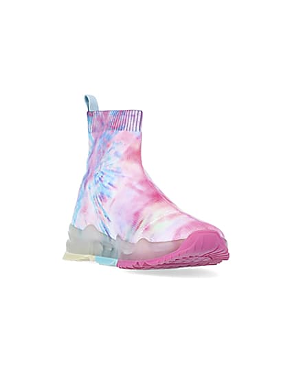 360 degree animation of product Girls pink tie dye knitted high top trainers frame-19