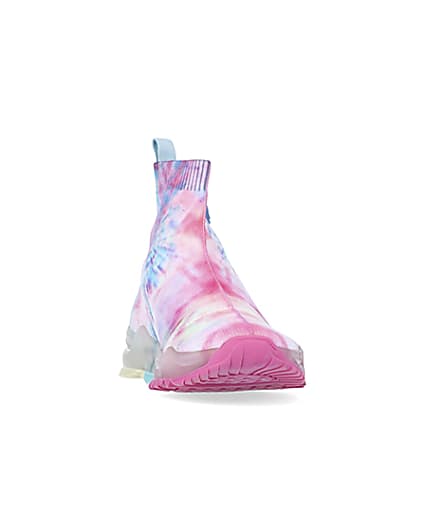 360 degree animation of product Girls pink tie dye knitted high top trainers frame-20