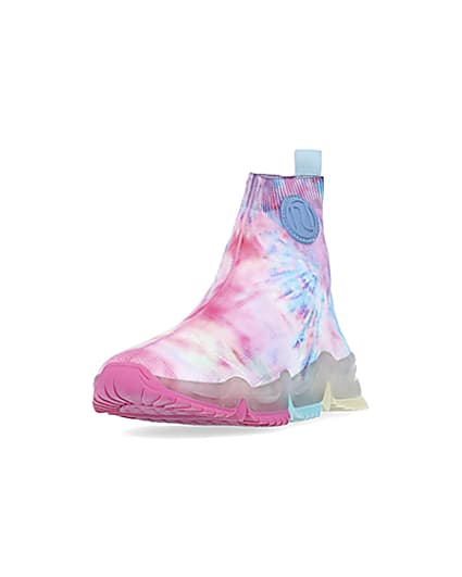 360 degree animation of product Girls pink tie dye knitted high top trainers frame-23