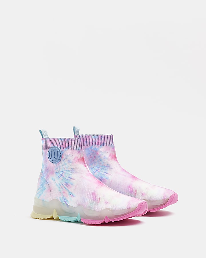 Girls pink tie dye knitted high top trainers
