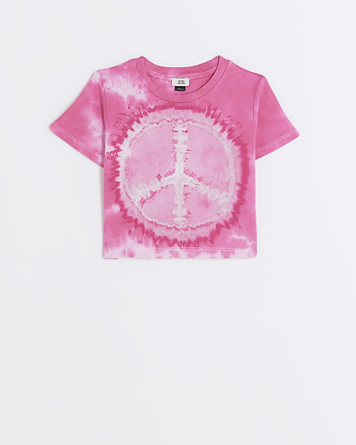Girls pink tie dye peace crop t-shirt