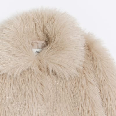 Girls pink tinsel faux fur coat River Island