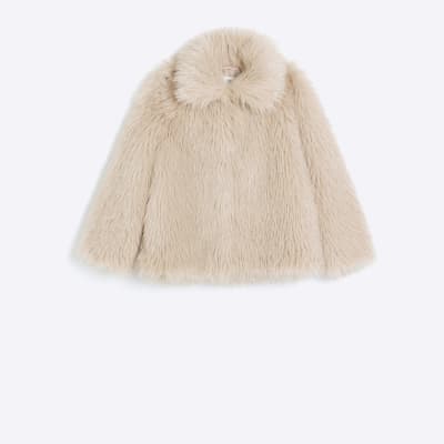 Girls pink tinsel faux fur coat River Island