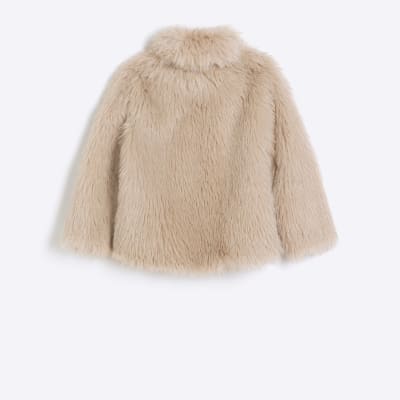 Girls pink tinsel faux fur coat River Island