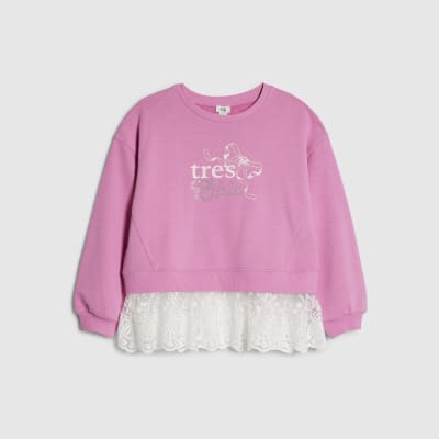 Girls Pink Tres Chic Lace Hem Sweatshirt