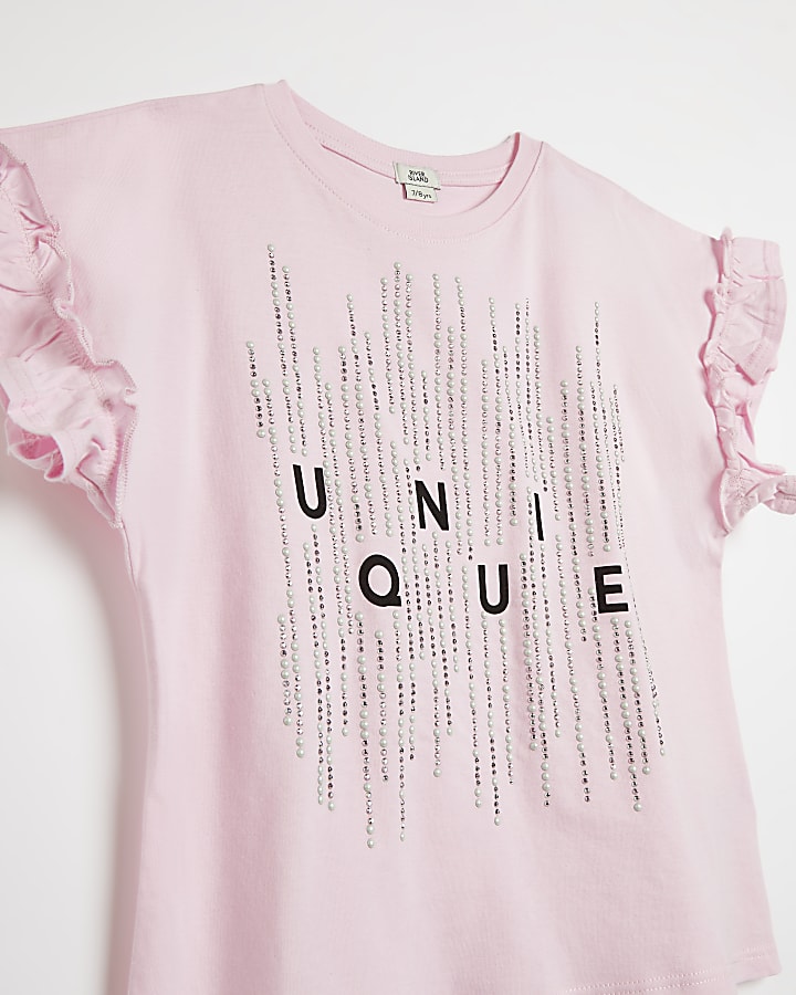 Girls pink 'Unique' embellished t-shirt