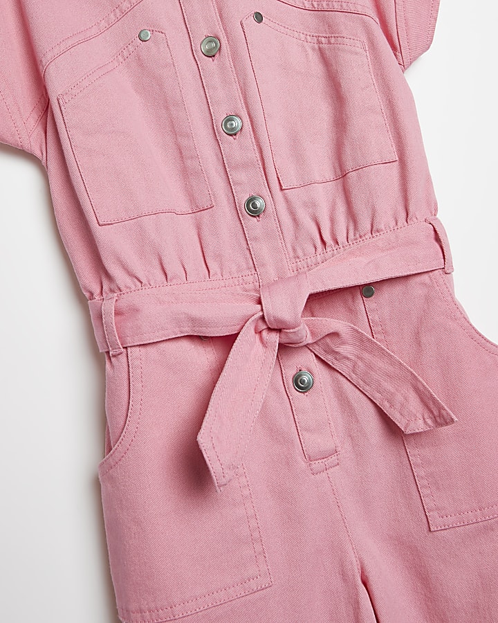 Girls pink utility belted boiler suit