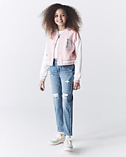 Girls pink varsity bomber jacket