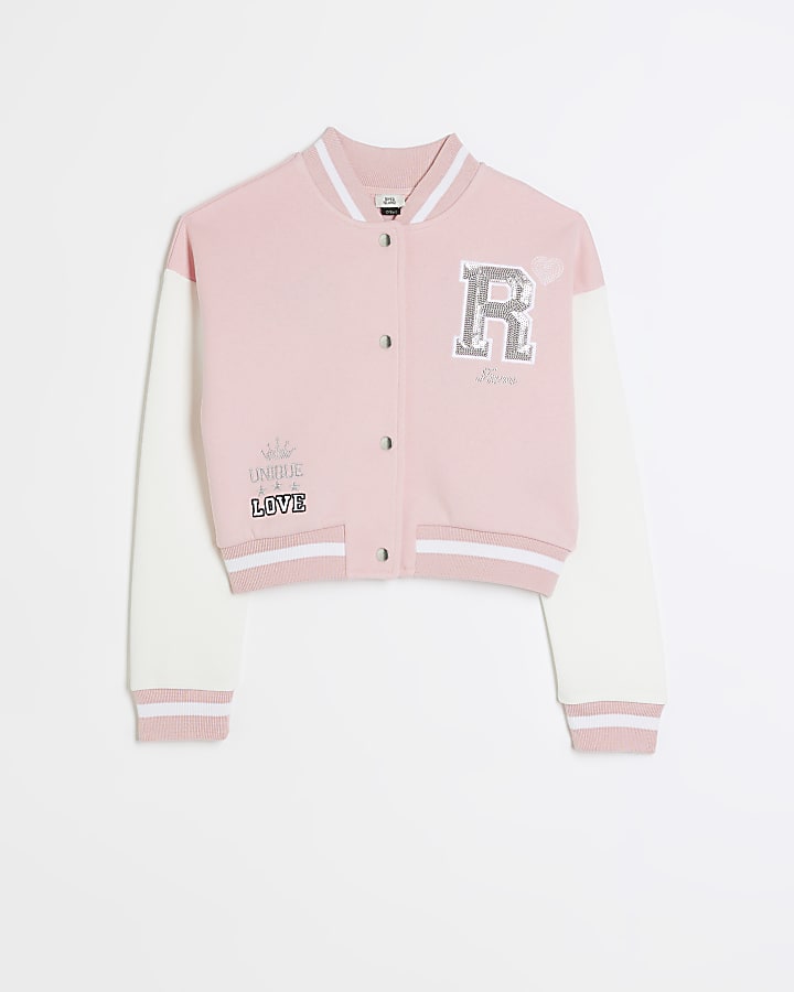 Girls pink varsity bomber jacket