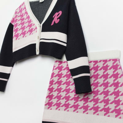 Girls pink varsity dogtooth cardigan outfit River Island