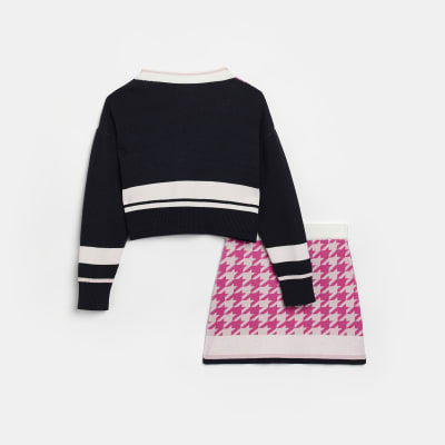 Girls pink varsity dogtooth cardigan outfit River Island