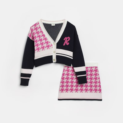 Girls pink varsity dogtooth cardigan outfit River Island