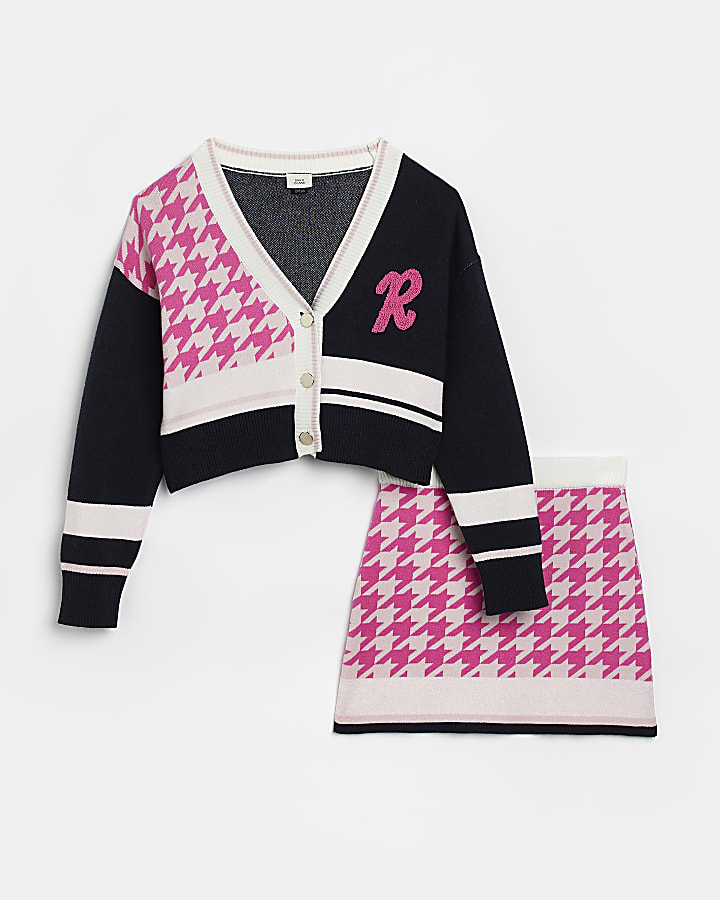 Girls pink varsity dogtooth cardigan outfit