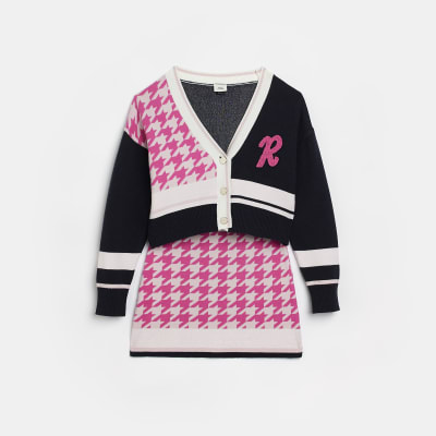 Girls pink varsity dogtooth cardigan outfit River Island