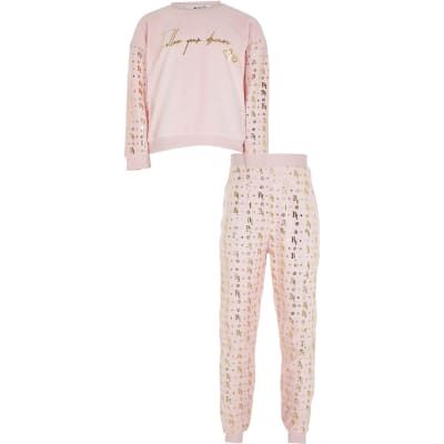 Girls pink velour foil print pyjamas | River Island