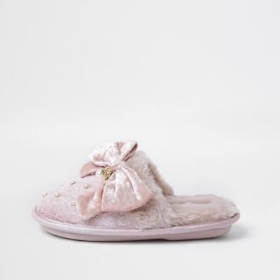 Girls pink velvet RI monogram bow 