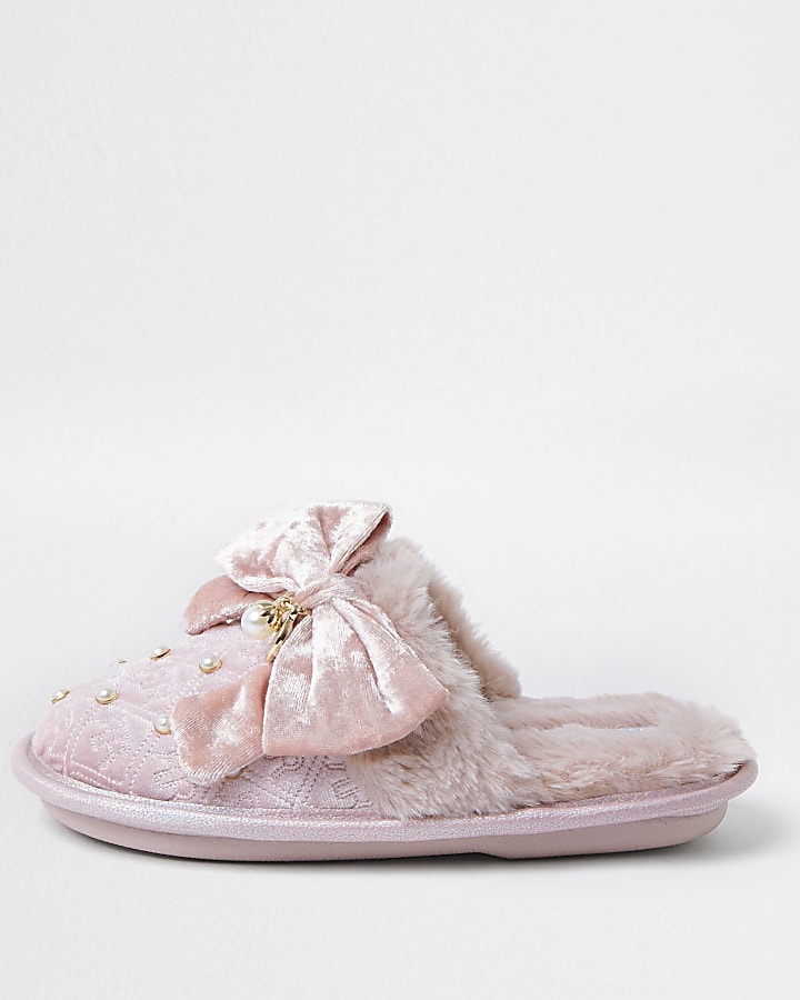 Girls pink velvet RI monogram bow slippers