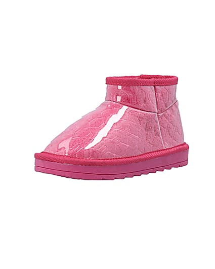 360 degree animation of product Girls Pink Vinyl Faux Fur Lined Ankle Boots frame-0