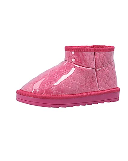 360 degree animation of product Girls Pink Vinyl Faux Fur Lined Ankle Boots frame-1
