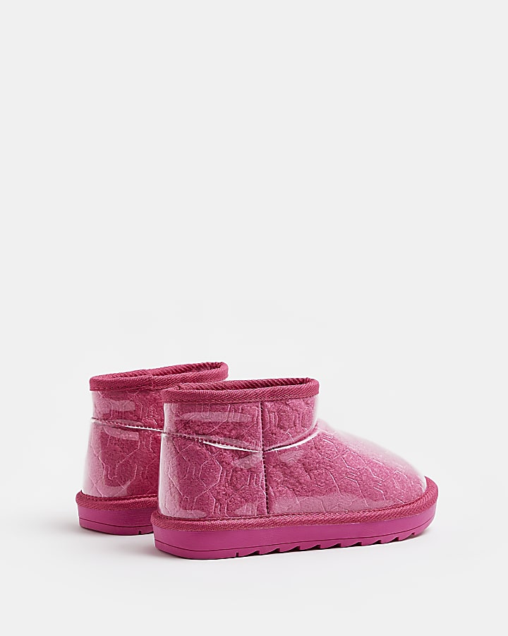 Girls Pink Vinyl Faux Fur Lined Ankle Boots