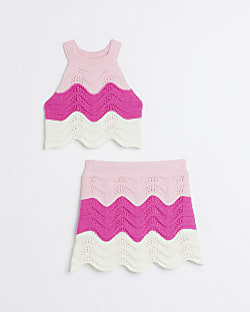 Girls pink wave crochet halter top set