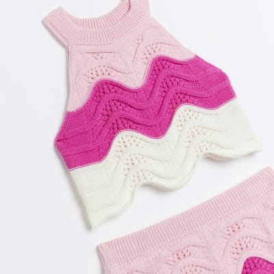 Girls pink wave knitted halter top set