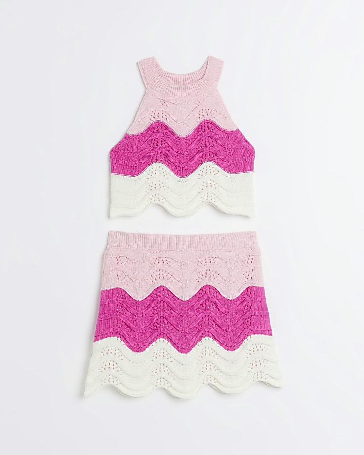 Girls pink wave knitted halter top set