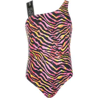 Girls pink zebra print one shoulder swimsuit | River Island
