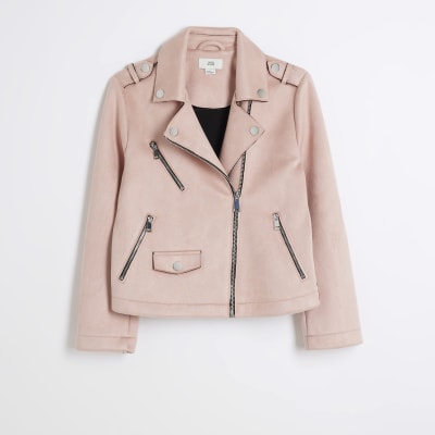 Girls pink zip up biker jacket River Island