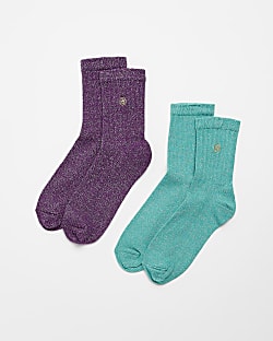 Girls Purple and Green Sparkle Socks 2 Pack