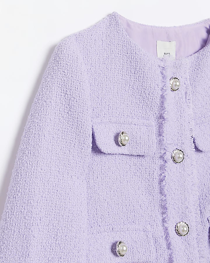 Girls Purple boucle collarless jacket