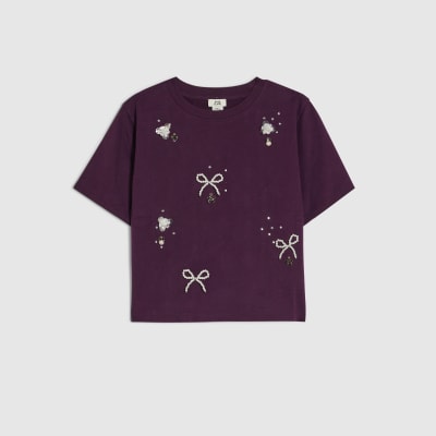 Girls Purple Bow Charm Short Sleeve T-Shirt